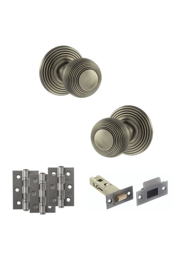 Old English Ripon Door Knob Pack (Latch Set - 3" HD Latch, 3" Fire Rated Hinges x3) - Matt Gun Metal