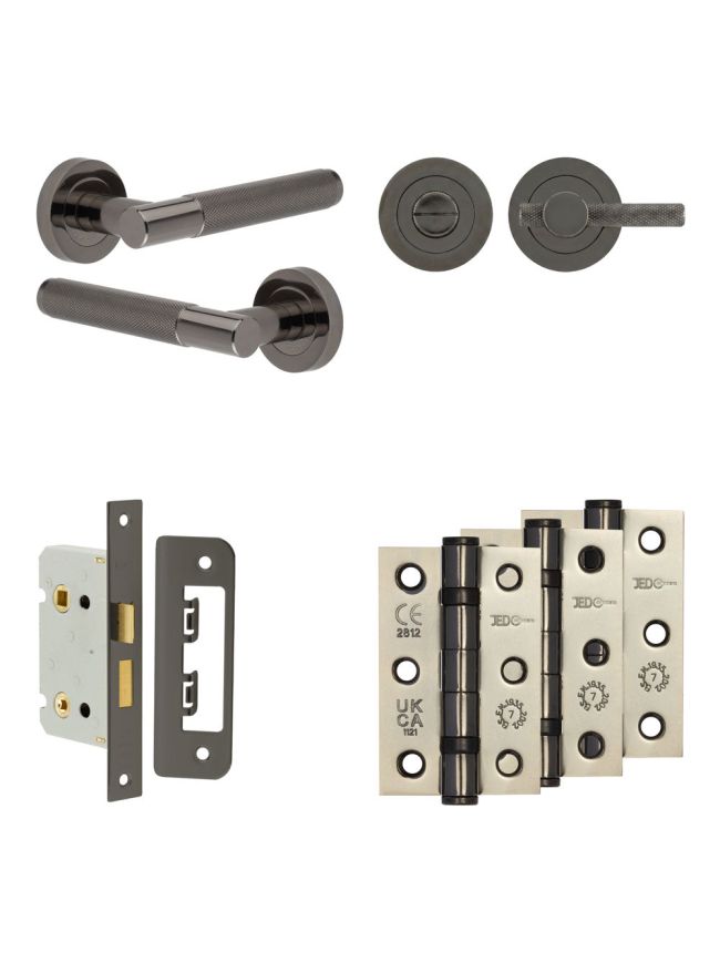 Complete Bari Door Handle Pack - Bathroom Lock (Knurled Thumb Turn) - Black Nickel - 65mm / 3-inch Hinges - JE-D5B1-BN