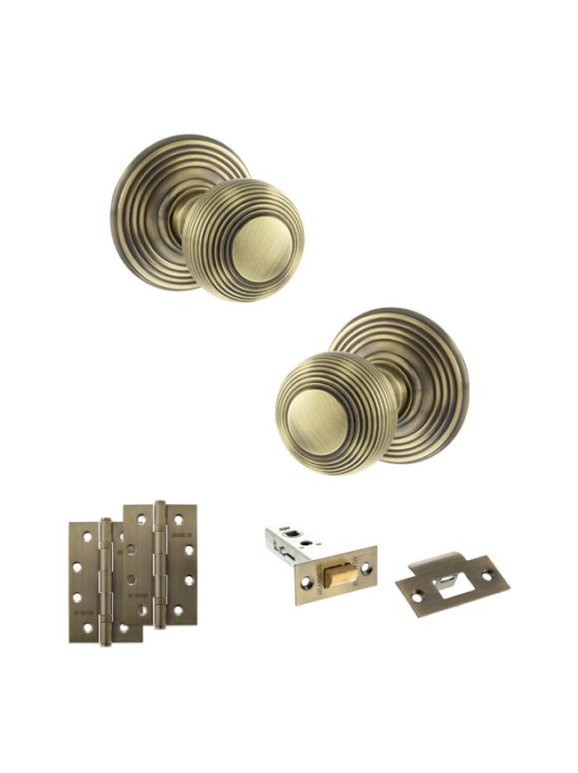 Old English Ripon Door Knob Pack (Latch Set - 3" HD Latch, 4" Slim Knuckle Hinges x2) - Antique Brass
