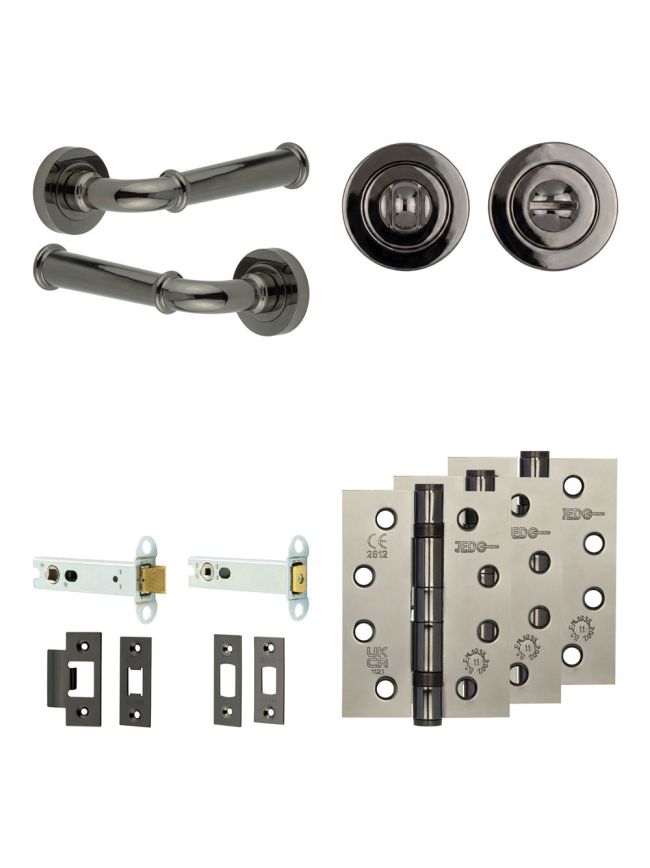 Complete Classic Door Handle Pack - Heavy Duty Tubular Bathroom (Standard Thumb Turn) - Black Nickel - 102mm / 4-inch Hinges - JE-A32A3-BN