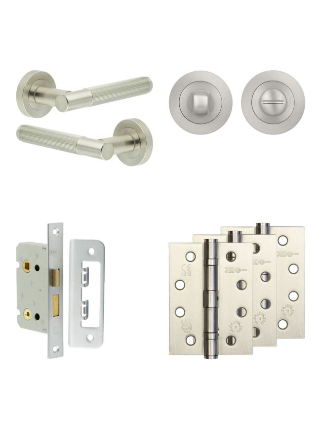 Complete Venice Door Handle Pack - Bathroom Lock (Standard Thumb Turn) - Satin Nickel - 65mm / 4-inch Hinges - JE-F5A3-SN