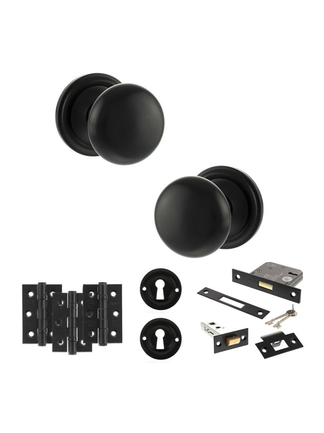 Old English Harrogate Door Knob Pack (Lock Set - 3" Latch & Deadlock, 3" Fire Rated Hinges x3) - Matt Black