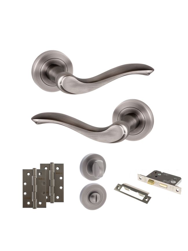 Old English Warwick Door Handle Pack (Bathroom Set - 2.5" CE Bathroom Lock, 4" Slim Knuckle Hinges x2) - Matt Gun Metal