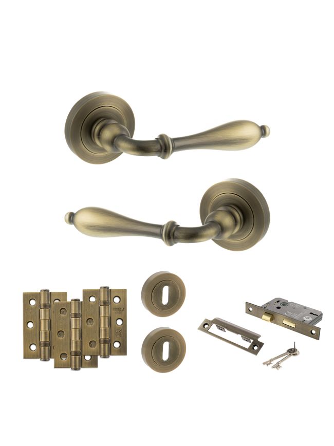 Old English Wrexham Door Handle Pack (3 Lever Lock Set - 2.5" CE Sashlock, 3" Fire Rated Hinges x3) - Matt Antique Brass