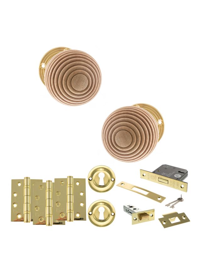 Old English Bridlington Door Knob Pack (Lock Set - 3" Latch & Deadlock, 4" Fire Rated Hinges x3) - Polished Brass