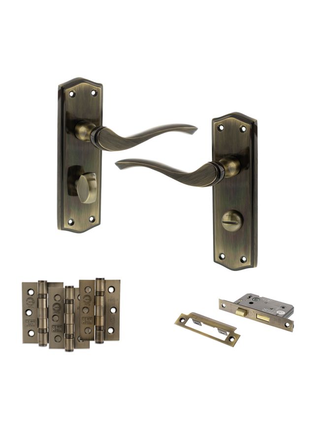 Old English Warwick Door Handle Pack (Bathroom Set - 2.5" CE Bathroom Lock, 3" Fire Rated Hinges x3) - Antique Brass