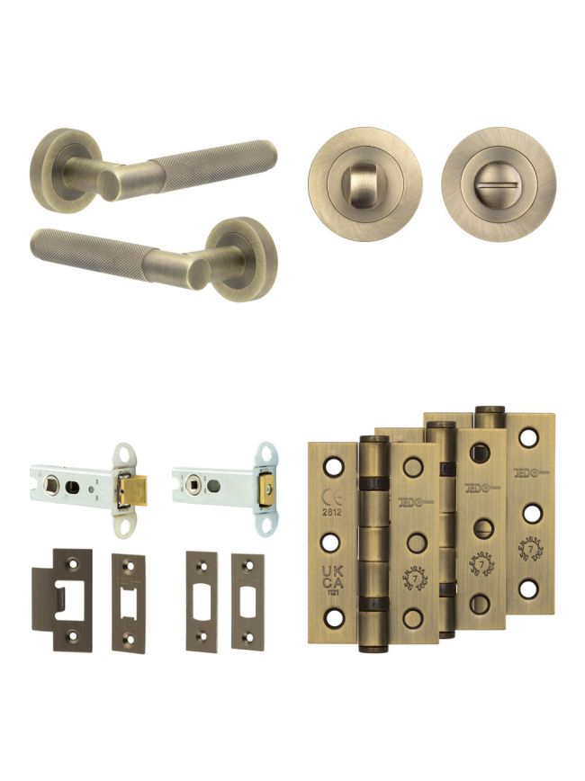 Complete Bari Door Handle Pack - Heavy Duty Tubular Bathroom (Standard Thumb Turn) - Antique Brass - 76mm / 3-inch Hinges - JE-D31B3-AB