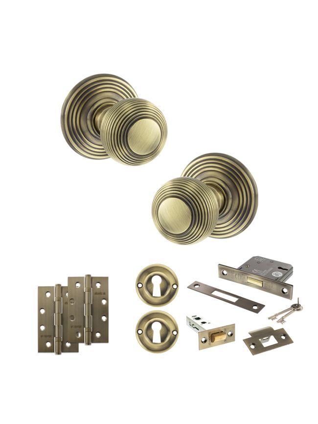 Old English Ripon Door Knob Pack (Lock Set - 3" Latch & Deadlock, 4" Slim Knuckle Hinges x2) - Antique Brass