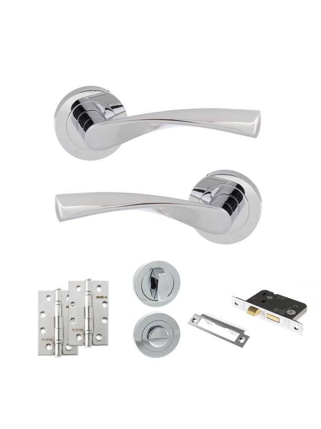 Eco Aqua Door Handle Pack (Bathroom Set - 3" CE Bathroom Lock, 4" Slim Knuckle Hinges x2) - Polished Chrome