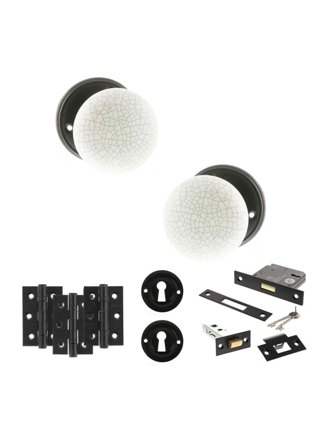 Old English Skipton Door Knob Pack (Lock Set - 3" Latch & Deadlock, 3" Fire Rated Hinges x3) - Matt Black