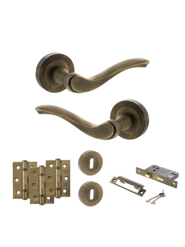 Old English Warwick Door Handle Pack (3 Lever Lock Set - 2.5" CE Sashlock, 3" Fire Rated Hinges x3) - Matt Antique Brass
