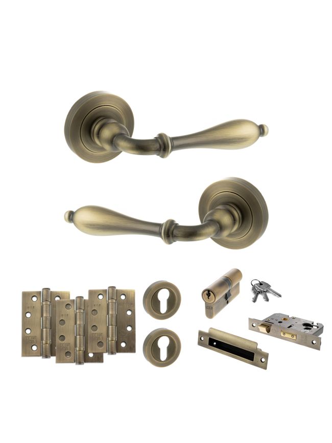 Old English Wrexham Door Handle Pack (Euro Lock Set - 3" CE Sashlock, 4" Fire Rated Hinges x3) - Matt Antique Brass