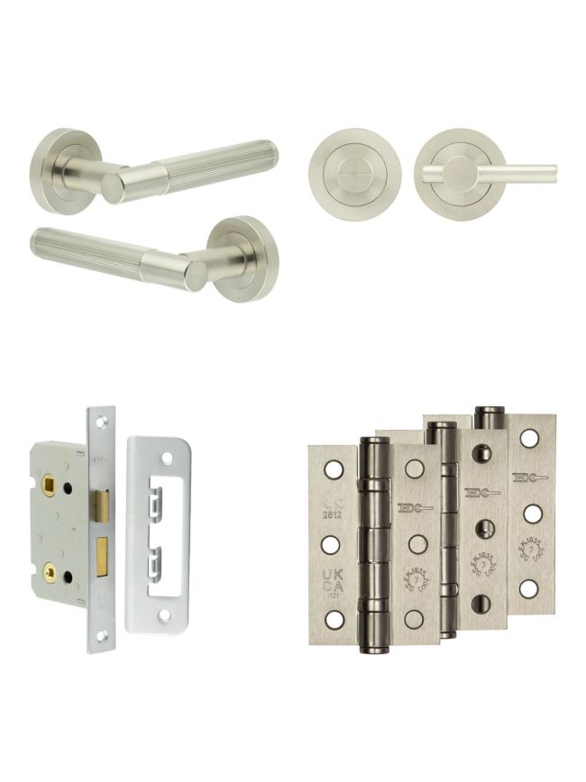 Complete Venice Door Handle Pack - Bathroom Lock (Plain Thumb Turn) - Satin Nickel - 65mm / 3-inch Hinges - JE-F5B2-SN