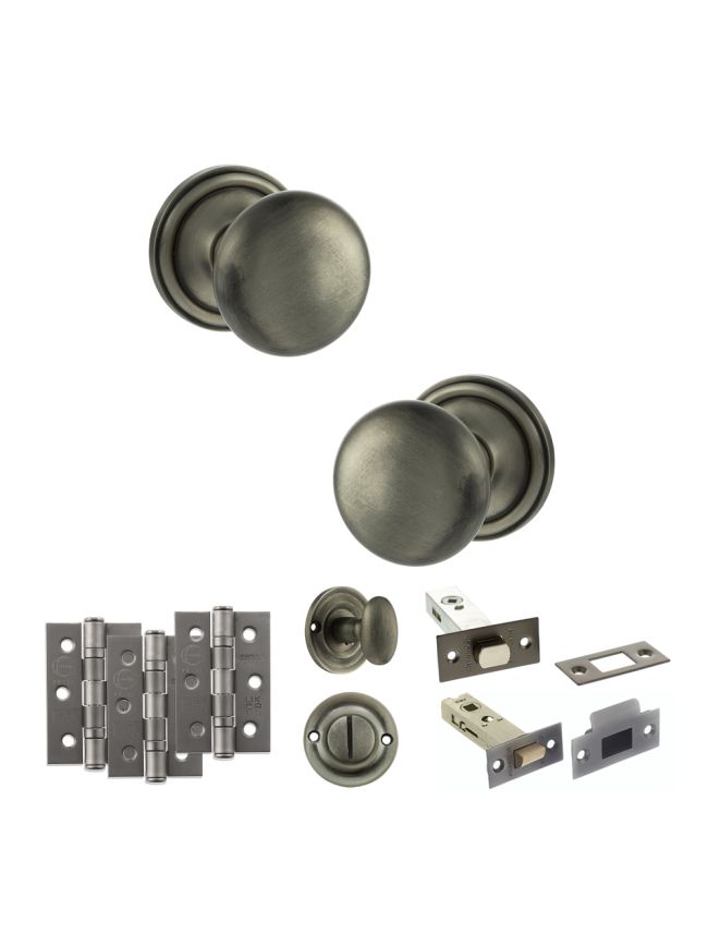 Old English Harrogate Door Knob Pack (Bathroom Set - 3" Deadbolt, 3" Fire Rated Hinges x3) - Matt Gun Metal