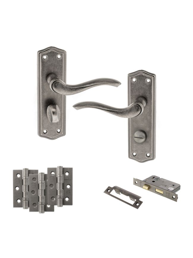Old English Warwick Door Handle Pack (Bathroom Set - 2.5" CE Bathroom Lock, 3" Fire Rated Hinges x3) - Distressed Silver