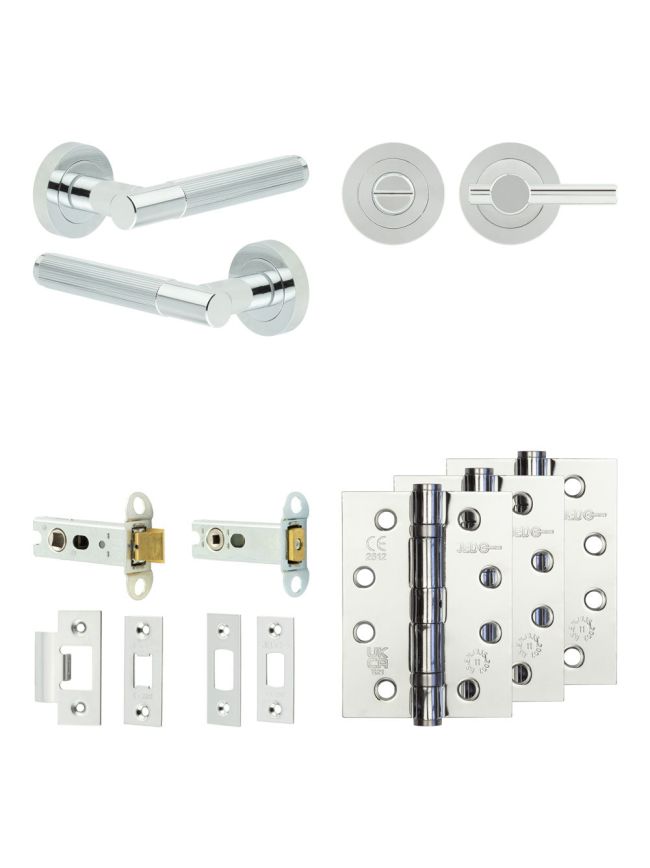 Complete Venice Door Handle Pack - Heavy Duty Tubular Bathroom (Plain Thumb Turn) - Polished Chrome - 76mm / 4-inch Hinges - JE-F31A2-PC
