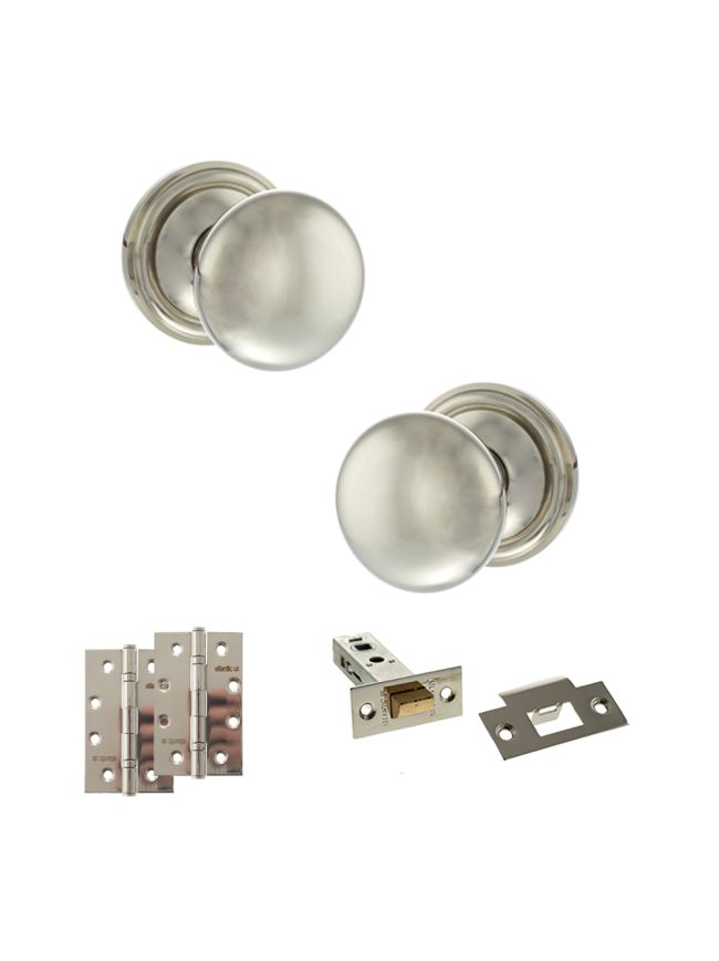 Old English Harrogate Door Knob Pack (Latch Set - 3" HD Latch, 4" Slim Knuckle Hinges x2) - Polished Nickel