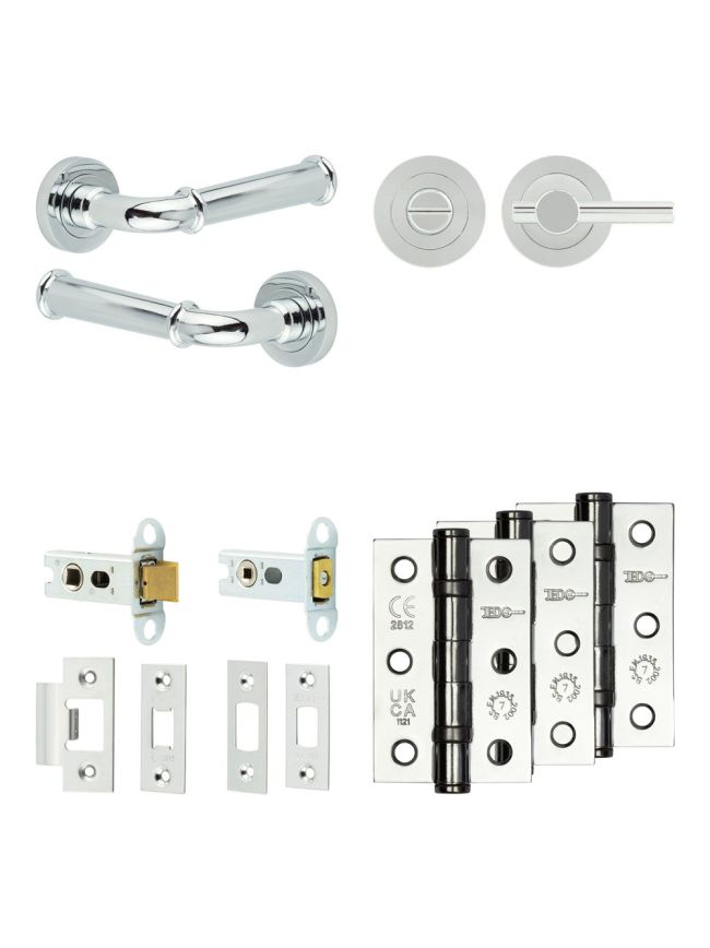 Complete Classic Door Handle Pack - Heavy Duty Tubular Bathroom (Plain Thumb Turn) - Polished Chrome - 64mm / 3-inch Hinges - JE-A30B2-PC