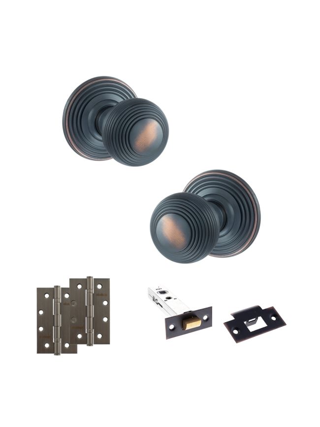 Old English Ripon Door Knob Pack (Latch Set - 4" HD Latch, 4" Slim Knuckle Hinges x2) - Antique Copper