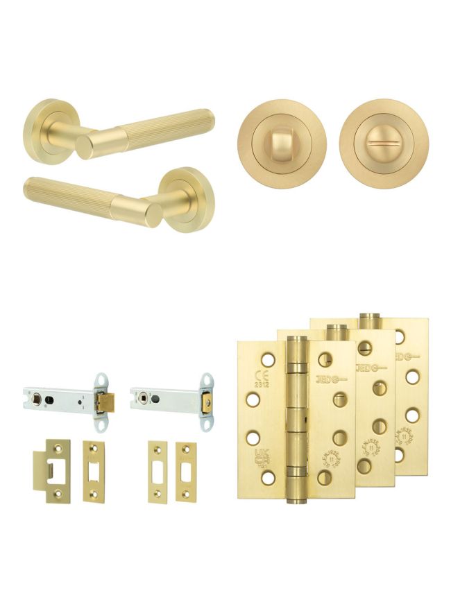 Complete Venice Door Handle Pack - Heavy Duty Tubular Bathroom (Standard Thumb Turn) - Satin Brass - 102mm / 4-inch Hinges - JE-F32A3-SB