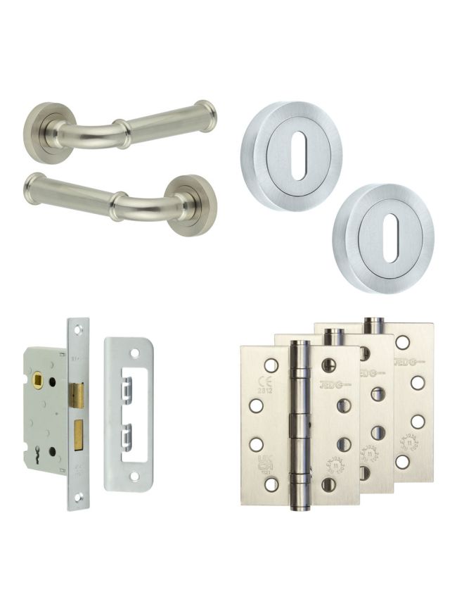 Complete Classic Door Handle Pack - Sashlock - Satin Nickel - 65mm / 4-inch Hinges - JE-A7A8-SN