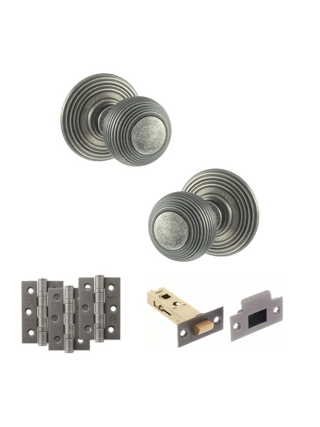 Old English Ripon Door Knob Pack (Latch Set - 4" HD Latch, 3" Fire Rated Hinges x3) - Distressed Silver