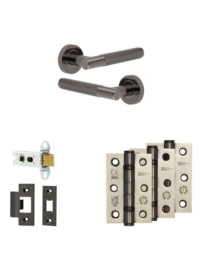 Complete Bari Door Handle Pack - Heavy Duty Latch - Black Nickel - 64mm / 3-inch Hinges - JE-D20B-BN