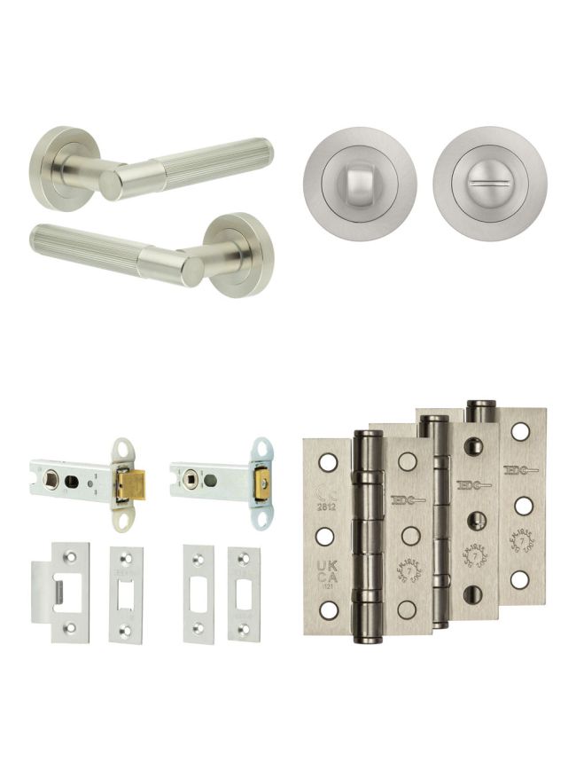 Complete Venice Door Handle Pack - Heavy Duty Tubular Bathroom (Standard Thumb Turn) - Satin Nickel - 76mm / 3-inch Hinges - JE-F31B3-SN
