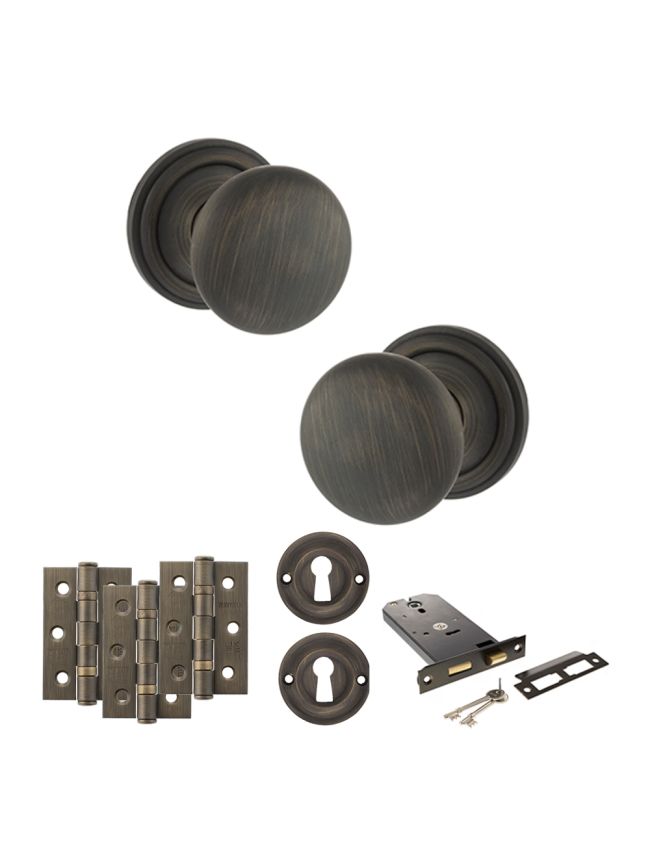 Old English Harrogate Door Knob Pack (Lock Set - Horizontal Sashlock, 3" Fire Rated Hinges x3) - Urban Bronze