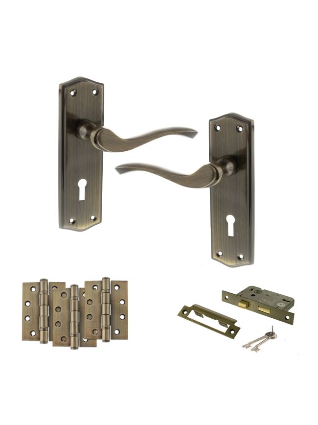 Old English Warwick Door Handle Pack (3 Lever Lock Set - 3" CE Sashlock, 4" Fire Rated Hinges x3) - Antique Brass