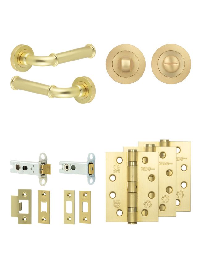 Complete Classic Door Handle Pack - Heavy Duty Tubular Bathroom (Standard Thumb Turn) - Satin Brass - 76mm / 4-inch Hinges - JE-A31A3-SB