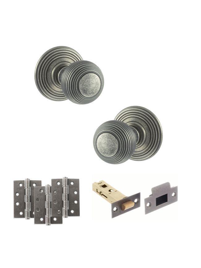 Old English Ripon Door Knob Pack (Latch Set - 3" HD Latch, 4" Fire Rated Hinges x3) - Distressed Silver
