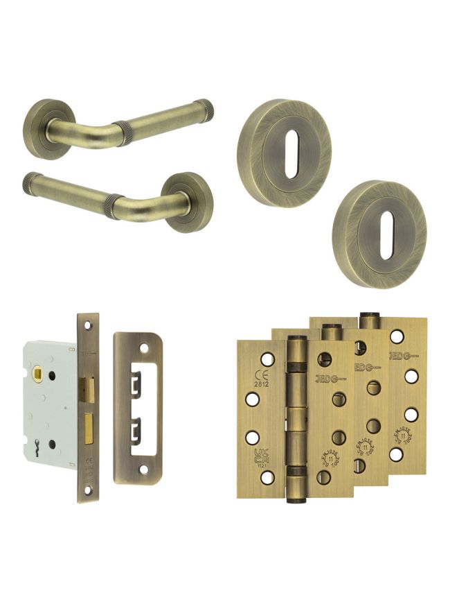 Complete Midtown Door Handle Pack - Sashlock - Antique Brass - 76mm / 4-inch Hinges - JE-G8A8-AB