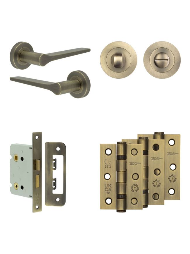 Complete Gio Door Handle Pack - Bathroom - Antique Brass - By Frelan Hardware - JE-E6B3-AB