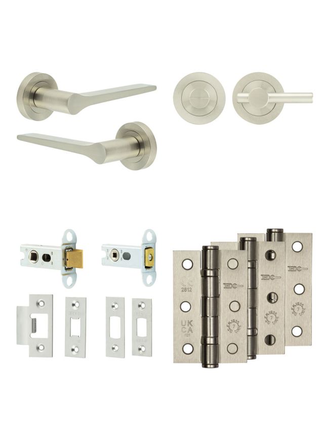 Complete Gio Door Handle Pack - Heavy Duty Tubular Bathroom (Plain Thumb Turn) - Satin Nickel - 64mm / 3-inch Hinges - JE-E30B2-SN