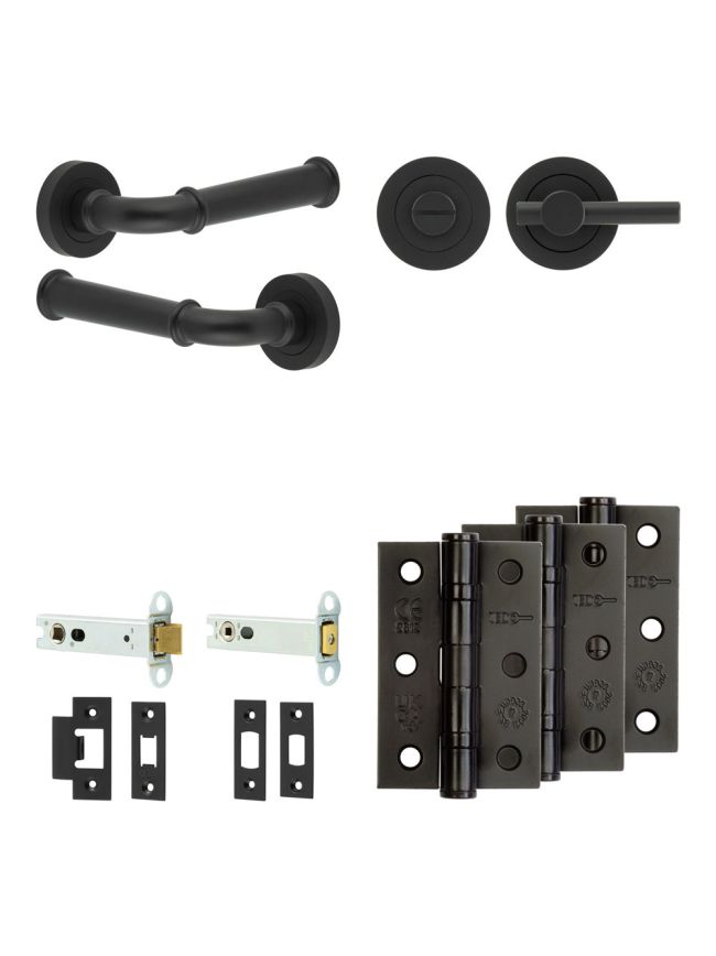 Complete Classic Door Handle Pack - Heavy Duty Tubular Bathroom (Plain Thumb Turn) - Matt Black - 102mm / 3-inch Hinges - JE-A32B2-MB