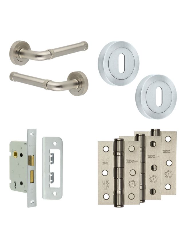 Complete Midtown Door Handle Pack - Sashlock - Satin Nickel - 65mm / 3-inch Hinges - JE-G7B8-SN