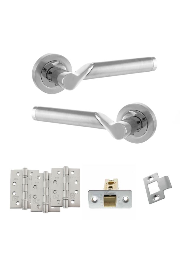 STATUS Hawaii Door Handle Pack (Latch Set - 2.5" CE Latch, 4" Fire Rated Hinges x3) - Satin Chrome/Polished Chrome