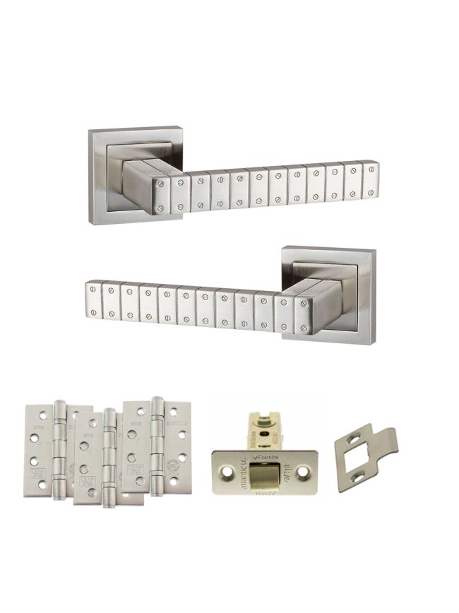 Senza Pari Bianca Door Handle Pack (Latch Set - 2.5" CE Latch, 4" Fire Rated Hinges x3) - Satin Nickel
