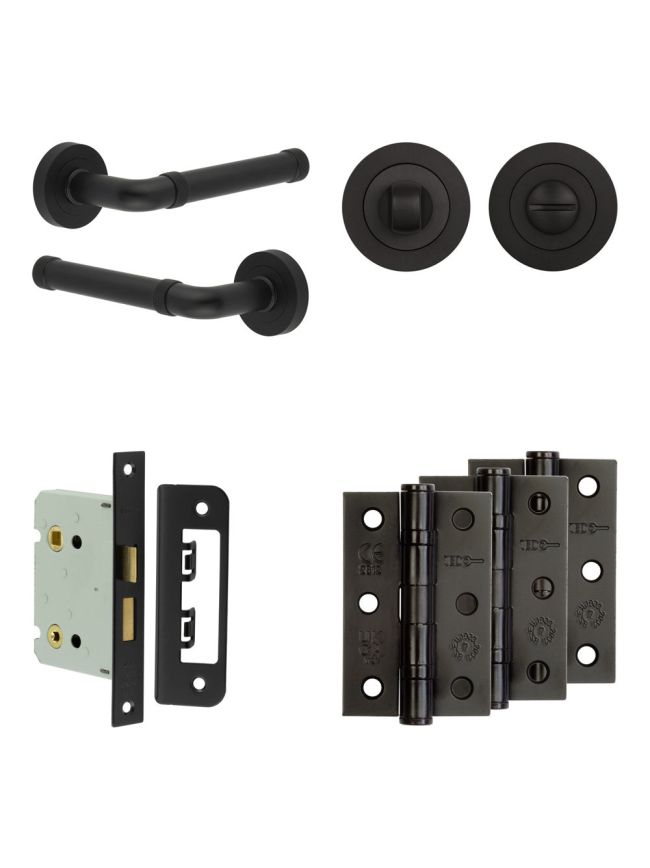 Complete Midtown Door Handle Pack - Bathroom Lock (Standard Thumb Turn) - Matt Black - 76mm / 3-inch Hinges - JE-G6B3-MB