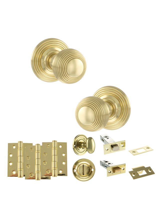 Old English Ripon Door Knob Pack (Bathroom Set - 4" Deadbolt, 4" Fire Rated Hinges x3) - Polished Brass
