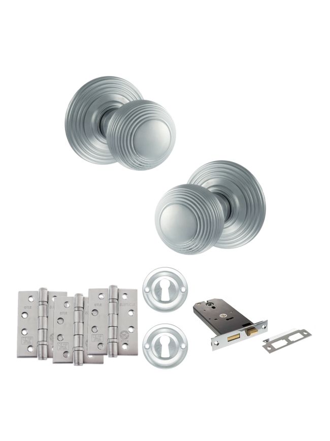 Old English Ripon Door Knob Pack (Lock Set - Horizontal Sashlock, 4" Fire Rated Hinges x3) - Satin Chrome