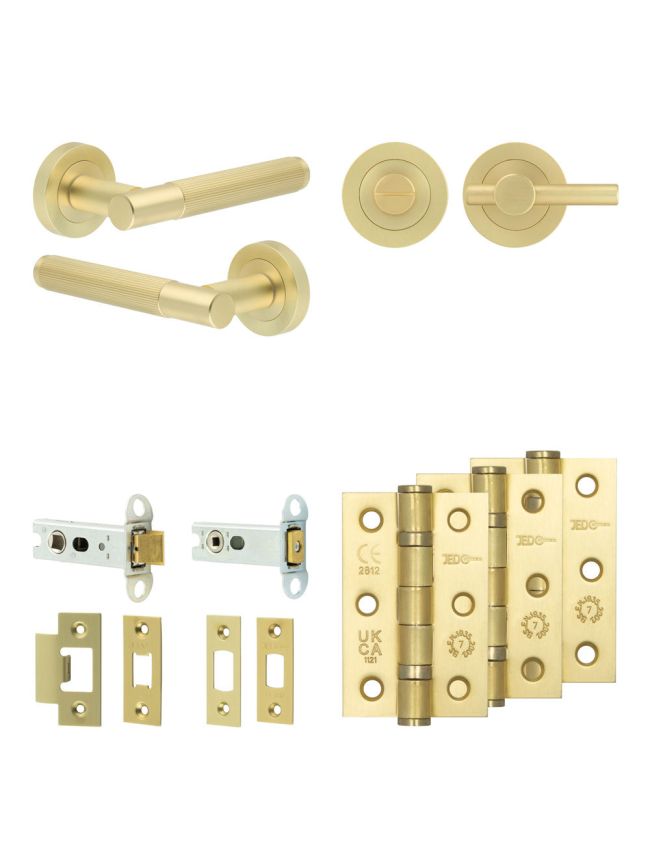 Complete Venice Door Handle Pack - Heavy Duty Tubular Bathroom (Plain Thumb Turn) - Satin Brass - 76mm / 3-inch Hinges - JE-F31B2-SB