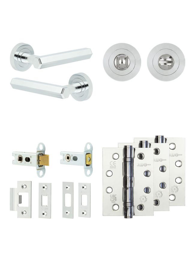 Complete Hex Door Handle Pack - Heavy Duty Tubular Bathroom (Standard Thumb Turn) - Polished Chrome - 64mm / 4-inch Hinges - JE-C30A3-PC