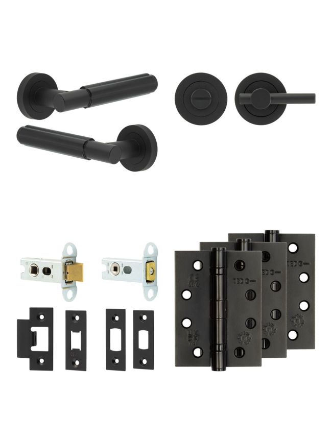Complete Bloom Door Handle Pack - Heavy Duty Tubular Bathroom (Plain Thumb Turn) - Matt Black - 64mm / 4-inch Hinges - JE-B30A2-MB