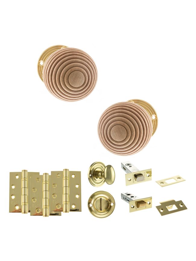 Old English Bridlington Door Knob Pack (Bathroom Set - 4" Deadbolt, 4" Fire Rated Hinges x3) - Polished Brass