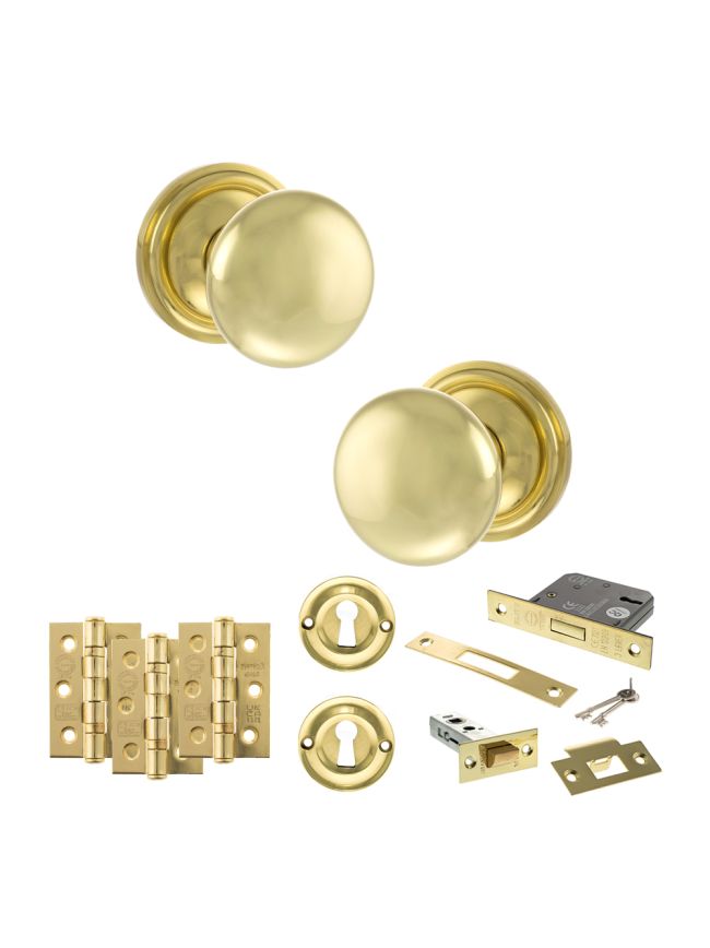 Old English Harrogate Door Knob Pack (Lock Set - 3" Latch & Deadlock, 3" Fire Rated Hinges x3) - Polished Brass