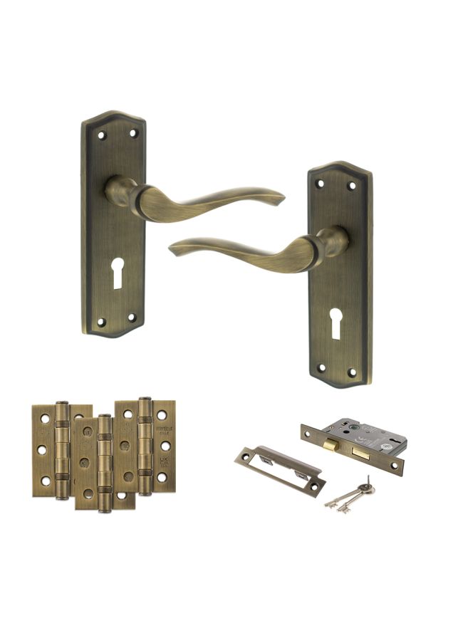 Old English Warwick Door Handle Pack (3 Lever Lock Set - 2.5" CE Sashlock, 3" Fire Rated Hinges x3) - Matt Antique Brass