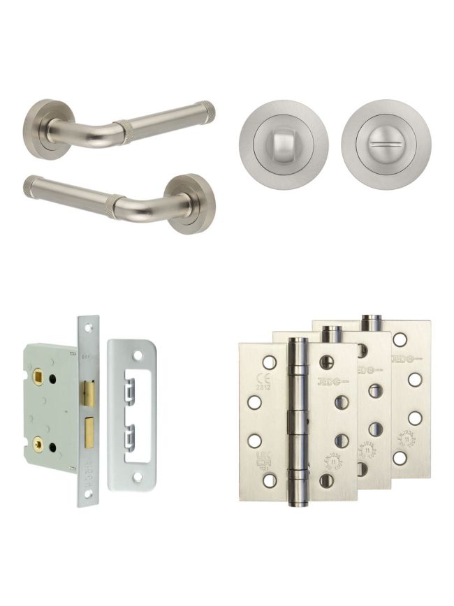 Complete Midtown Door Handle Pack - Bathroom Lock (Standard Thumb Turn) - Satin Nickel - 76mm / 4-inch Hinges - JE-G6A3-SN