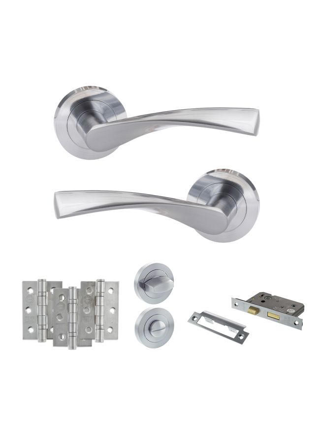 Eco Aqua Door Handle Pack (Bathroom Set - 3" CE Bathroom Lock, 3" Fire Rated Hinges x3) - Satin Chrome